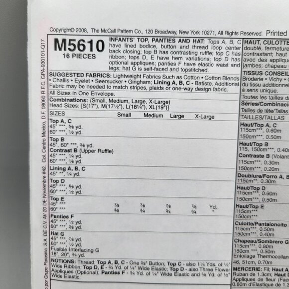 McCalls 5610 Infants Top Panties and Hat Sewing Pattern One Size UNCUT - Picture 3 of 3